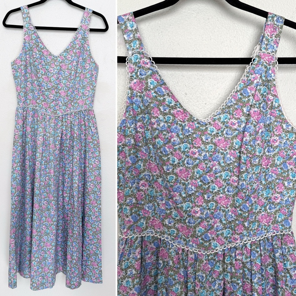 Vintage 70s 80s Prairie Floral Midi Dress Cottagecore Lace Trim Pink Blue USA